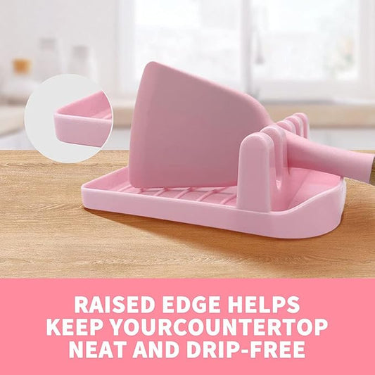2 Pack Multiple Utensil Spoon Rest with Drip Pad Non-Slip Heat Resistant Kitchen and Grill Spoon Holder for Spatula, Ladle, Tongs, Kitchen Gadgets, and Cooking Accessories (Cute Pink)