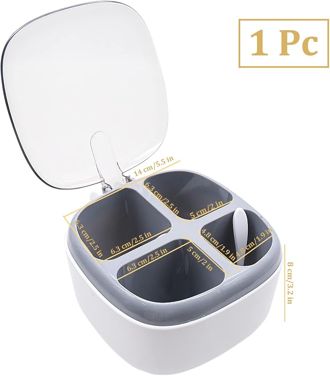 Seasoning Box with Lid and Spoon, 4 Compartment Spice Pots with Handle, Home Kitchen Condiment Jars for Sugar Salt Pepper