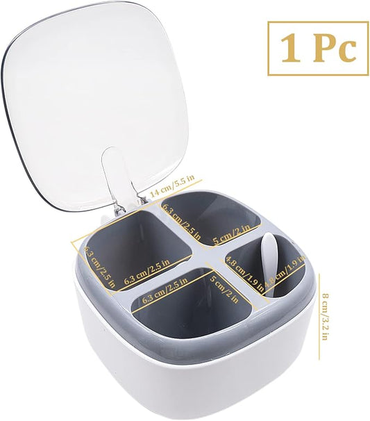 Seasoning Box with Lid and Spoon, 4 Compartment Spice Pots with Handle, Home Kitchen Condiment Jars for Sugar Salt Pepper