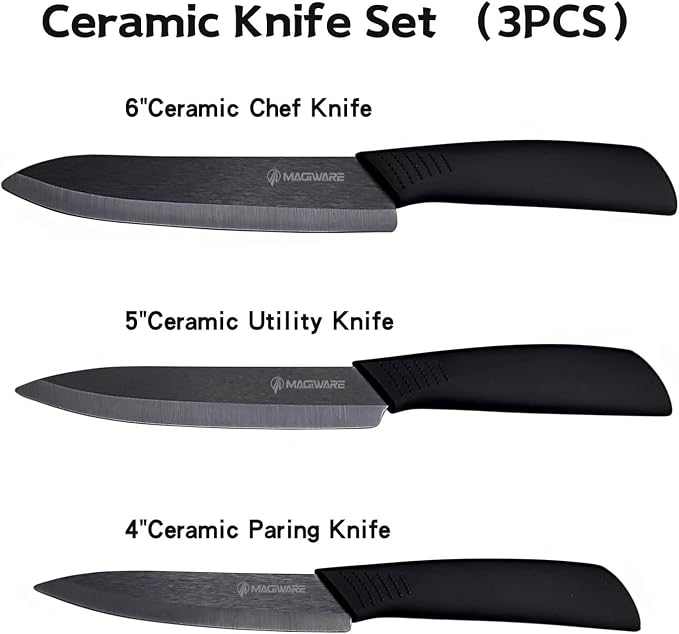Magiware Ceramic Knives, Ceramic Knife Set with Sheaths Cover -Sharp Longer Never Rust (include 6 Inch Chef Knife, 5inch Utility Knife, and 4 Inch Paring Knife