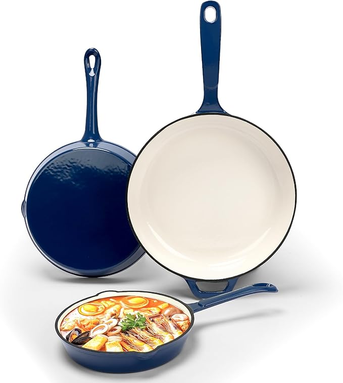Nonstick Enameled Cast Iron Cookware - 3 enameled cast iron skillet 8-Inch, 9.5" Frying Pan & 11-Inch Large Cookware, Healthy Non Toxic Cooking Pan, PFOA PFAS PTFE Free, Navy