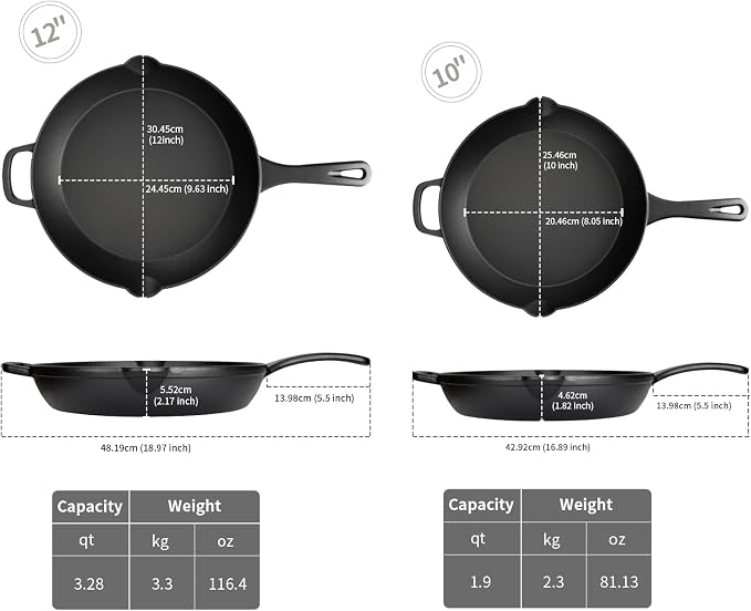Cast Iron Skillet Set 10" + 12", Family Size | 10" everyday + 12" family skillets. ~12.5 lbs total - full-weight cast iron. No lids. Dual pour spouts. Induction safe.