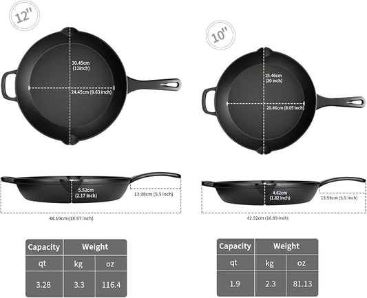 Cast Iron Skillet Set 10" + 12", Family Size | 10" everyday + 12" family skillets. ~12.5 lbs total - full-weight cast iron. No lids. Dual pour spouts. Induction safe.