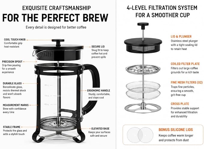 21oz French Press Coffee Maker, Thickened Borosilicate Glass & 304 Stainless Steel Double Mesh Filter. Cold Brew & Tea Brewer for Travel Camping, Kitchen Decor, Bar Accessories Gift (BLACK)