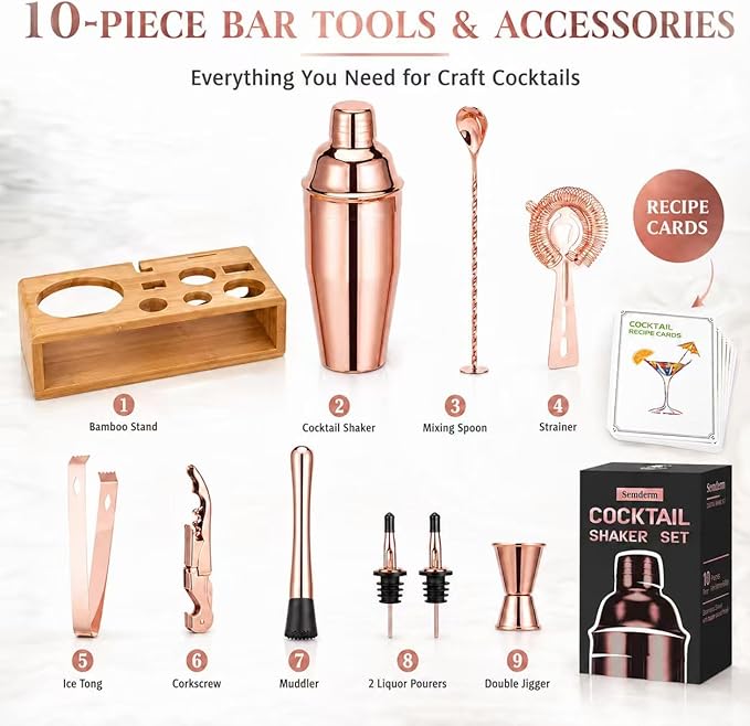 Rose Gold Cocktail Shaker Set, Premium 18/8 Stainless Steel Mixology Bartender Kit with Stylish Bamboo Stand 10-Piece Bar Tools & Accessories for Home Decor - Gift for Women, Mom, Wedding
