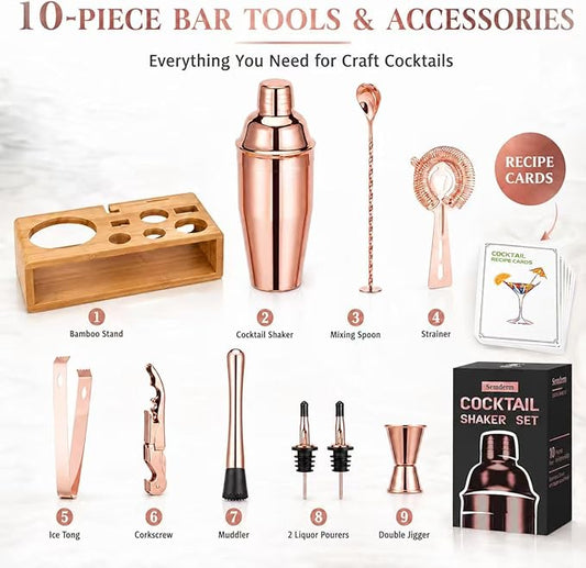 Rose Gold Cocktail Shaker Set, Premium 18/8 Stainless Steel Mixology Bartender Kit with Stylish Bamboo Stand 10-Piece Bar Tools & Accessories for Home Decor - Gift for Women, Mom, Wedding