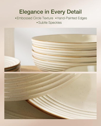 Famiware Jupiter 16-Piece Stoneware Dinnerware Ses - Includes Pasta Bowl & Dinner Plate, Handcrafted Dishes with Speckles & Embossed Swirls, Chip & Scratch Resistant, Service for 4, Vanilla White