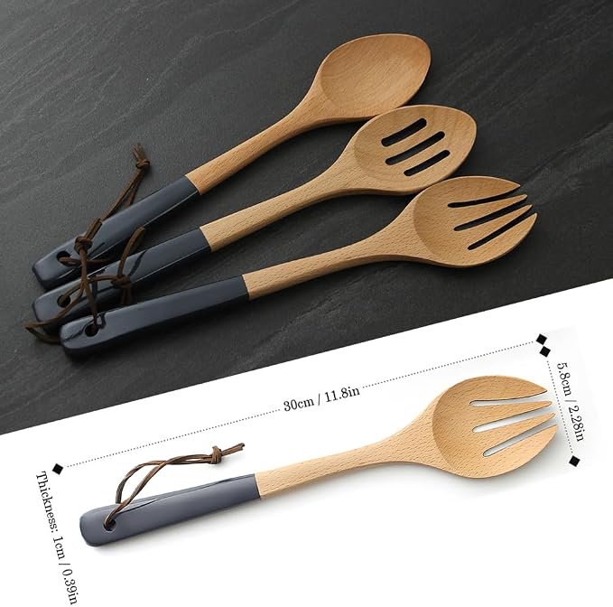 AOOSY Wooden Salad Fork Spoon, 12 Inch 2-in-1 Beechwood Cooking Fork with 4.3 Inch Heat Resistant Rubber Grip Handle for Nonstick Cookware, Mixing Tossing Serving Salad Pasta and Fruits, Hanging Rope