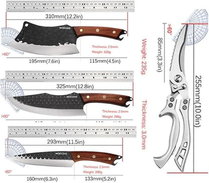 4PCS Kitchen Knife Set with Shears for Kitchen, High Carbon Steel, Hammered Blade Butcher Knives, Hand Forged Chef Cleaver, Fillet & Bone Chopper for Meat Cutting, Processing & BBQ - Black