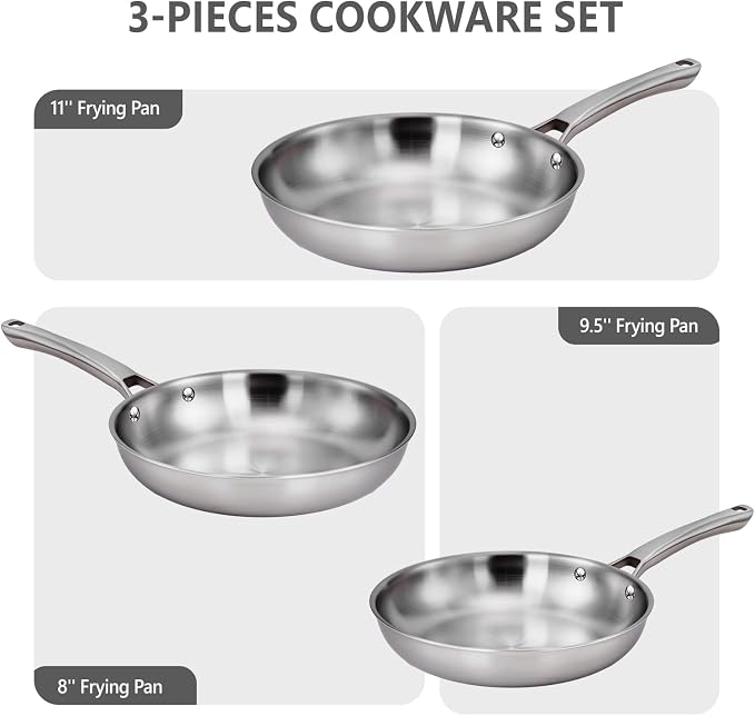 VINGLI 3-Pcs Stainless Steel Skillets Set, 8" / 10" / 12", Non-Toxic, PFOA & PTFE Free, Dishwasher & Oven Safe, Compatible with All Cooktops