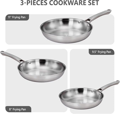 VINGLI 3-Pcs Stainless Steel Skillets Set, 8" / 10" / 12", Non-Toxic, PFOA & PTFE Free, Dishwasher & Oven Safe, Compatible with All Cooktops