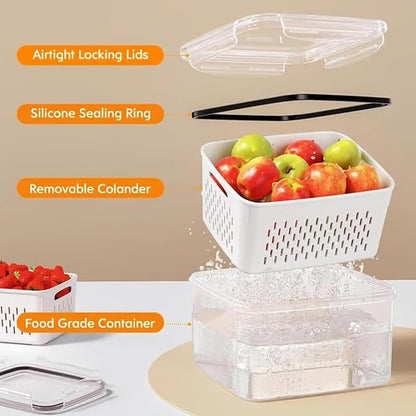4-in-1 Food Storage Containers with Drain Basket – Leak-Proof Berry, Vegetable & Watermelon Containers for Fridge (Blue, 3PCS)