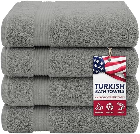 American Veteran Towel, 100% Cotton Turkish Bath Towels for Bathroom 4 Pack, 27x54 Extra Large Premium Soft Drying Bathroom Towels, Light Grey