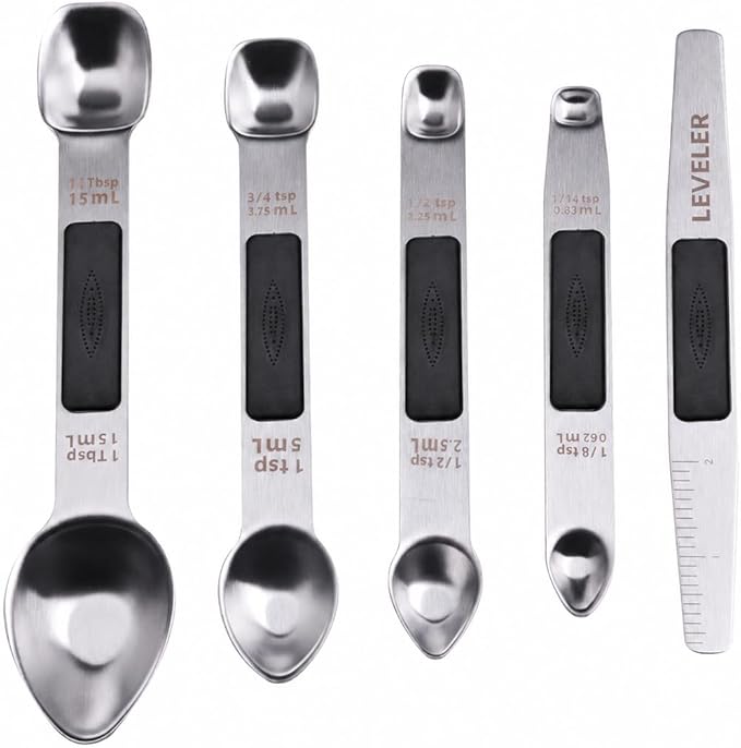 Stainless Steel Magnetic Measuring Spoons Set, Heavy Duty Metal Kitchen Gadgets for Baking & Cooking, Fits in Most Kitchen Spice Jars, Set of 4 with Leveler (Black)