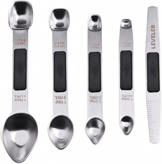 Stainless Steel Magnetic Measuring Spoons Set, Heavy Duty Metal Kitchen Gadgets for Baking & Cooking, Fits in Most Kitchen Spice Jars, Set of 4 with Leveler (Black)