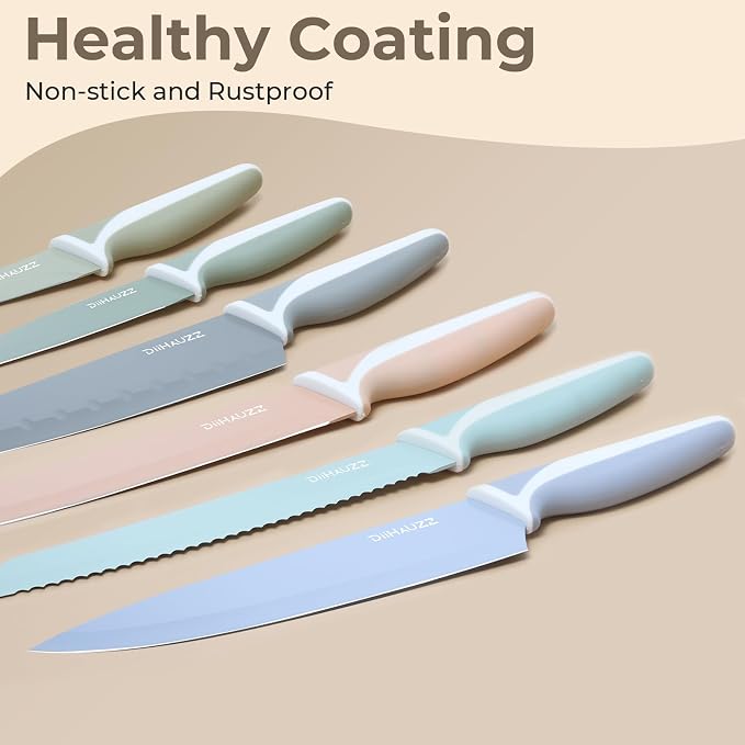 DiiHAUZZ Knife Set, 12 Pieces Kitchen Knives Set with Healthy Non-Stick Coating, Dishwasher Safe Anti-Rust Stainless Steel Knives with 6 Blade Guards, Ergonomic Handles, Ideal Gift Set