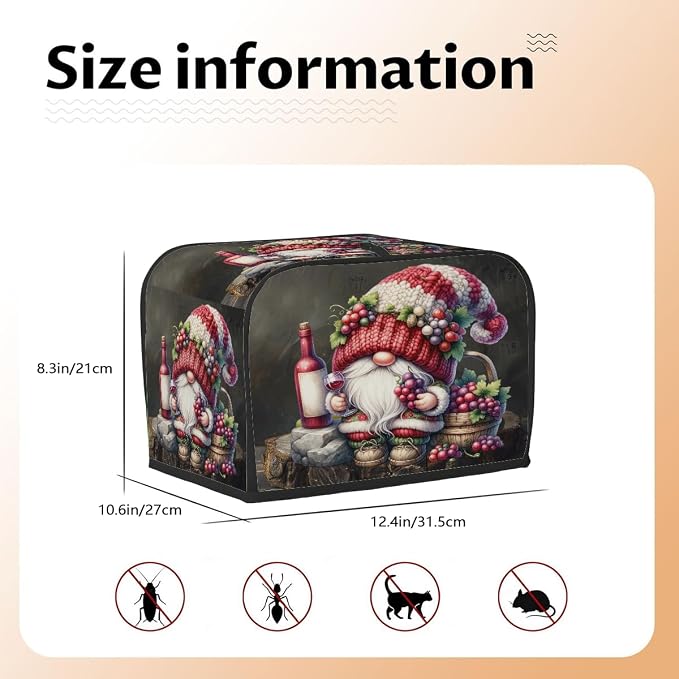Toaster Cover 4 Slice Wide Slot Cute Gnome WineBread Toaster Oven Dustproof Cover Small Appliance Kitchen Covers Dust and Fingerprint Protection for Women Gift 4 Slice