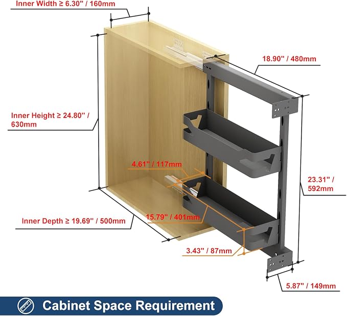 VADANIA Naro Pull Out Cabinet Organizer with Solid Metal Trays, 2-Tier Spice Rack for 8" Base Cabinets, Soft Close Full-Extension Slides, Reversible Left or Right Side Mount