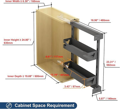 VADANIA Naro Pull Out Cabinet Organizer with Solid Metal Trays, 2-Tier Spice Rack for 8" Base Cabinets, Soft Close Full-Extension Slides, Reversible Left or Right Side Mount