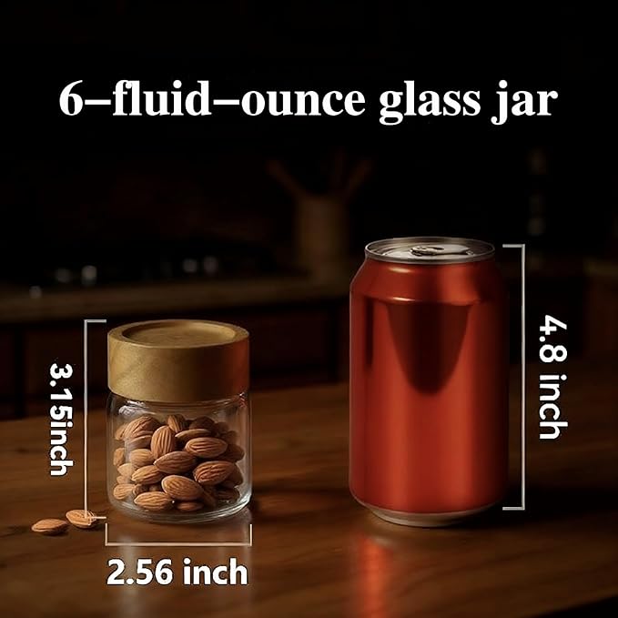 6-Pack 6 fl oz Stackable Airtight Glass Jars (with Acacia Wood Lids + Sticker Labels) – Small Mason Jars designed for overnight oats, spices, dry goods, and kitchen organization.