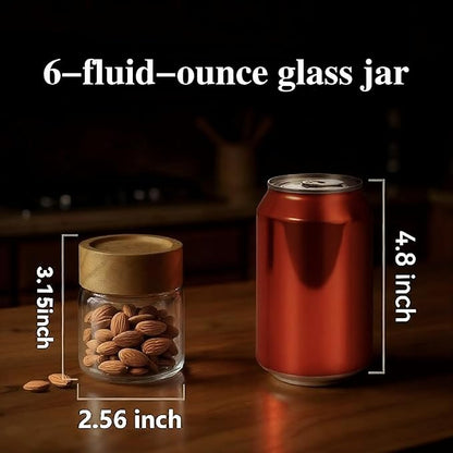 6-Pack 6 fl oz Stackable Airtight Glass Jars (with Acacia Wood Lids + Sticker Labels) – Small Mason Jars designed for overnight oats, spices, dry goods, and kitchen organization.