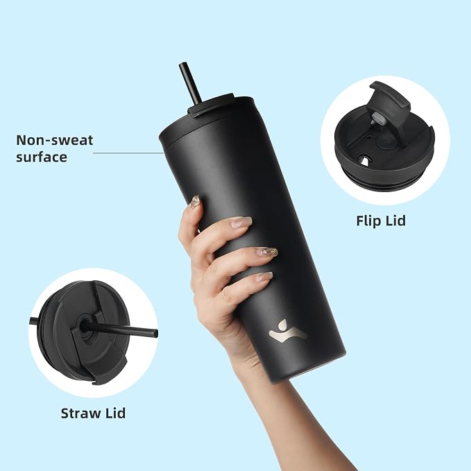 Konokyo 22 OZ Insulated Tumbler with Lid and 2 Straws Stainless Steel Water Bottle Vacuum Travel Mug Coffee Cup,Black