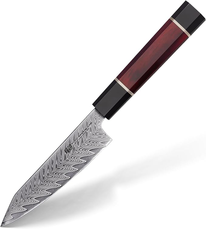 FINDKING 5 Inch Damascus Paring Knife, Compact and Versatile Blade for Fruit and Small Kitchen Cutting, Versatile Utility Pairing Knife, Portable for Travel, Picnic and Bar Use (Samurai Series)