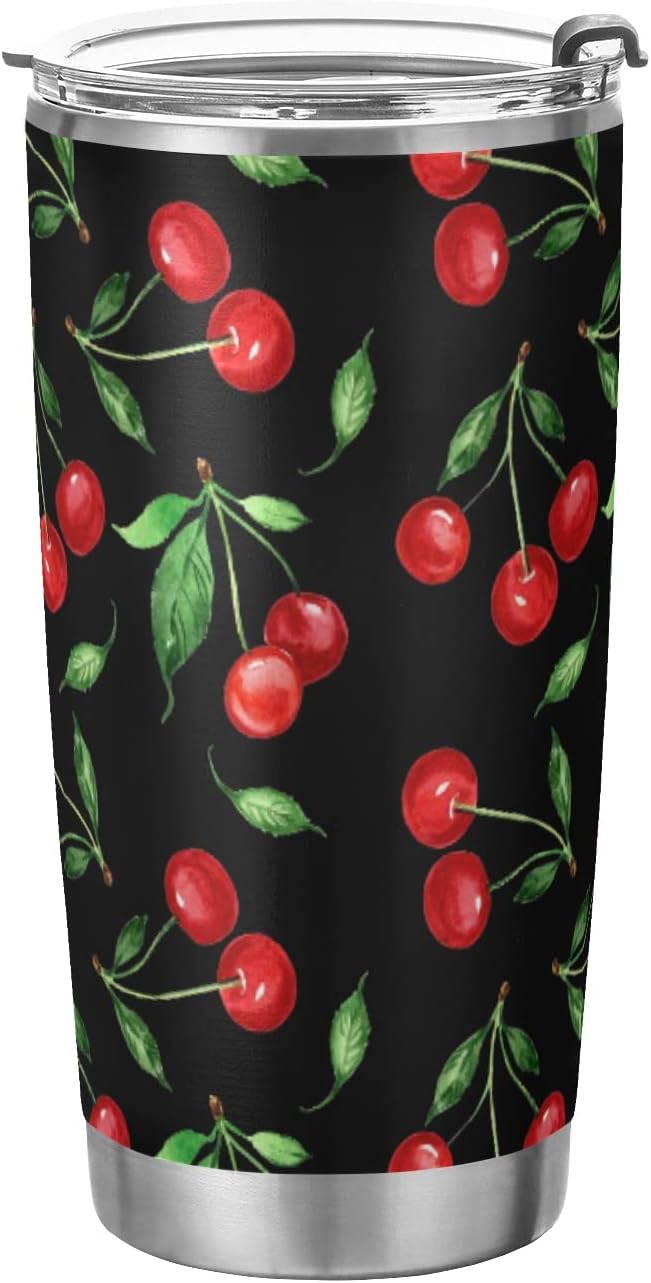 Tumbler Summer Vivid Cherry Leaf Insulated Office Coffee Cup Back to School Beverage Container Travel Mug with Straw and Lid Double Wall Stainless Steel 20oz