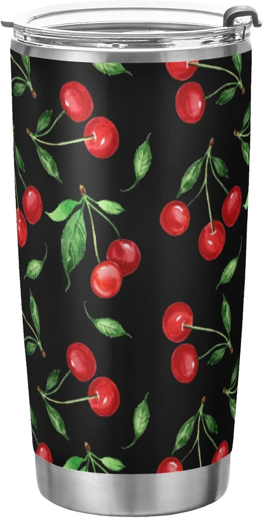 Tumbler Summer Vivid Cherry Leaf Insulated Office Coffee Cup Back to School Beverage Container Travel Mug with Straw and Lid Double Wall Stainless Steel 20oz