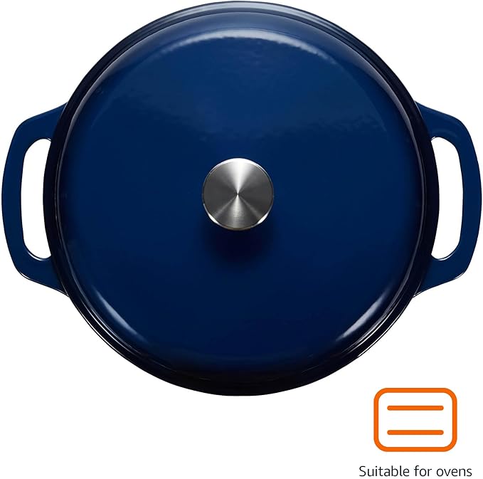 Amazon Basics Enameled Cast Iron Dutch Oven Pot with Lid, Round, Dual Handles, Heavy-Duty, Oven Safe for Stews, Roasting, Baking, 6-Quart, Navy