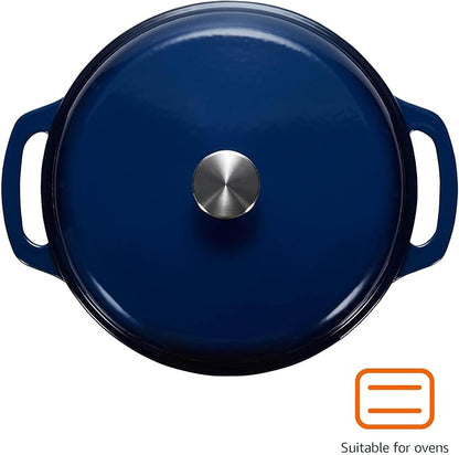 Amazon Basics Enameled Cast Iron Dutch Oven Pot with Lid, Round, Dual Handles, Heavy-Duty, Oven Safe for Stews, Roasting, Baking, 6-Quart, Navy