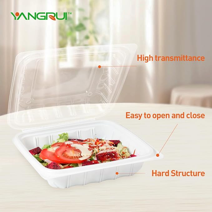 YANGRUI 25-Pack 34 oz 8" Hinged Takeout Box, Shrink-Wrapped No Pre-Wash | Anti-Fog Crystal Lid, Leakproof BPA-Free Square Container, Microwave Safe for Ramen, Salads, Asian & American To-Go Meals