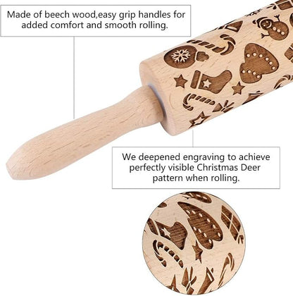 Christmas Wooden Rolling Pins, Xmas 3D Reindeer Shape Decor Embossing Rolling Pin,Christmas Patterned Rolling Pin Baking Tools (Christmas Elements)