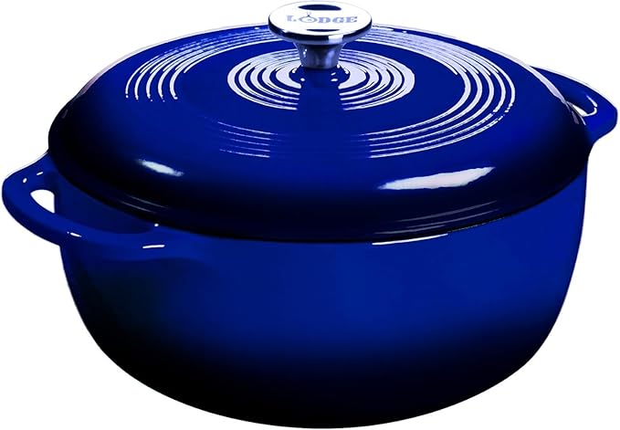 Lodge Essential Enamel Cast Iron Dutch Oven with Lid 7.5 Quart - Oven-Safe Enamel Cookware up to 500° F - Heat-Retaining Braising & Roasting Pot - Non-Toxic Cookware - Indigo