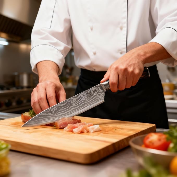 8 Inch Chef Knife, High Carbon Stainless Steel Japanese Gyuto Style Cooking Knife with Wave Pattern, Ergonomic Pakkawood Handle - Professional Kitchen Knife with Gift Box