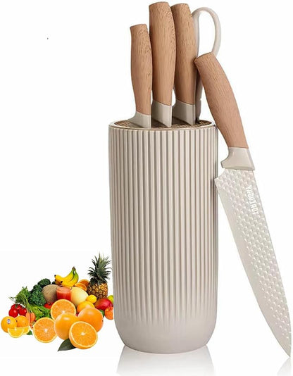 Kitchen Knife Set. 6-Pieces Luxury Wooden Coating, Light Wood Grain Handle, Stainless Steel Non-Stick Sharp Blade Chef Knife Set with Cylindrical Knife Block for Gift