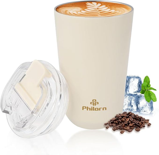 PHILORN Travel Coffee Mug, Coffee Cup-12 OZ Insulated With Lid, White Stainless Steel Coffee Mug with Double Wall, Thermal Cup for Hot & Cold Drinks