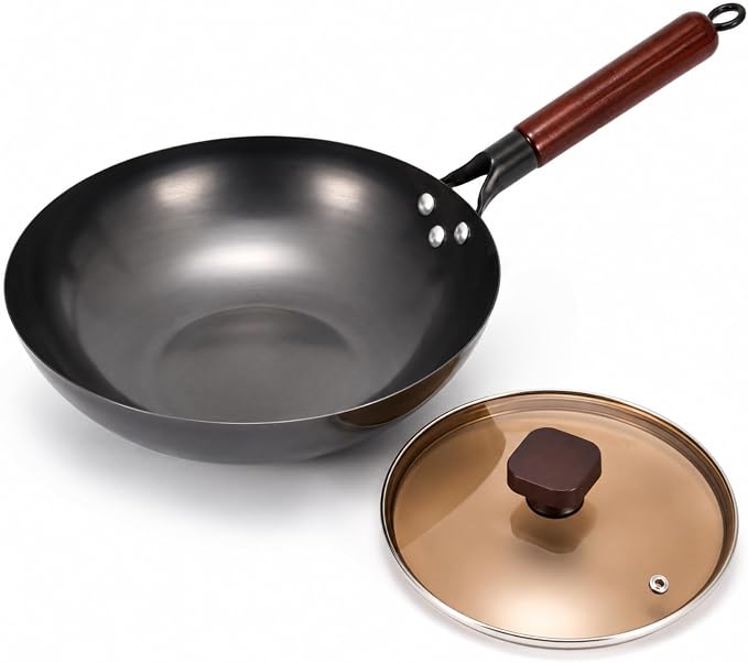 Calmabode 13” Large Flat Bottom Carbon Steel Wok with Glass Lid | Large deep wok, pre-seasoned nitrided carbon steel, amber glass lid, ideal for big family stir-fry, frying and hearty meals