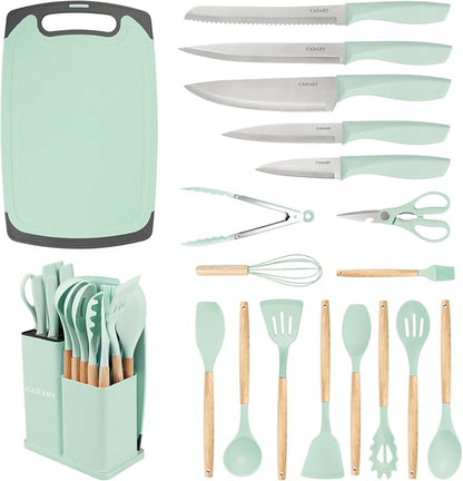 19 PCS Kitchen Cooking Utensils Set, 11 Pieces Silicone Cooking Utensils Set 6 Pieces Sharp Stainless Steel Green Knife Set with 1 Piece Cutting Board, Ideal for Apartment