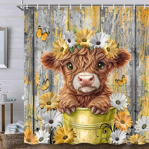 Cute Baby Highland Cow Shower Curtain, Farmhouse Yellow Wooden Daisy Shower Curtain for Bathroom Set, Funny Cattle Rustic Animal Fabric Waterproof Shower Curtain for Bathtub Decor with Hooks 47X64in
