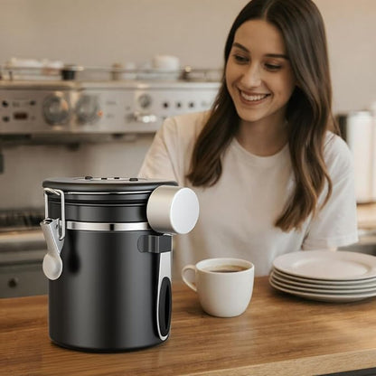 ShanSon Coffee Canister Airtight, Stainless Steel Bean Storage Container with Date Tracker & Scoop, Grounds Sugar Flour Tea Cereal Fits Kitchen Pantry, Ideal Gift for Coffee Lovers,12oz, Black