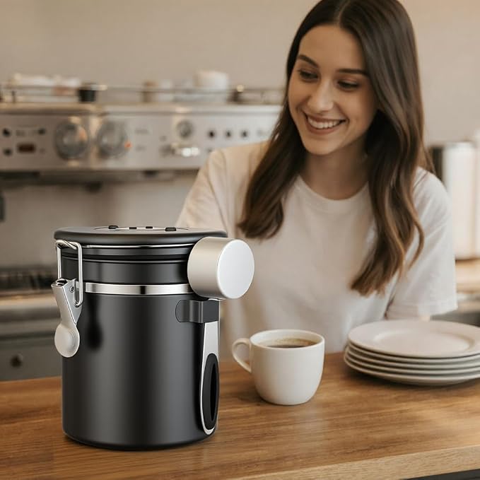 ShanSon Coffee Canister Airtight, Stainless Steel Bean Storage Container with Date Tracker & Scoop, Grounds Sugar Flour Tea Cereal Fits Kitchen Pantry, Ideal Gift for Coffee Lovers,16oz, Black