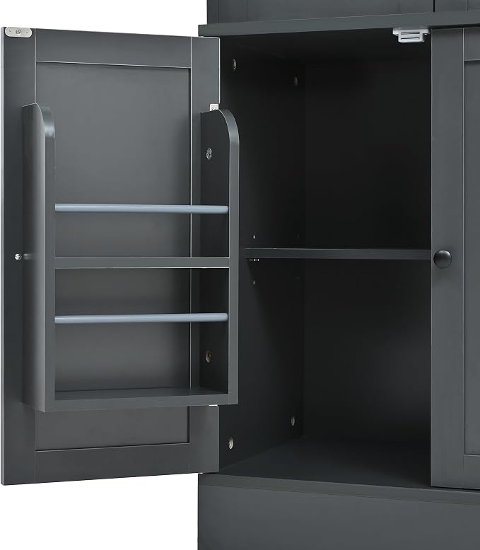 VilroCaz 75'' Tall Freestanding Kitchen Pantry Cabinet, Wood Large Cupboard Storage Buffet with Hutch, 4 Drawers, Door Shelves and Pull-Out Trays for Dining Room, Living Room (Gray-10.13)