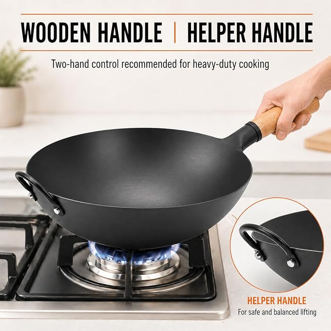 WANGYUANJI 13.4 Inch Round Bottom Carbon Steel Wok, Nitrided Iron Chinese Stir Fry Pan for Gas Wok Burner, Wok Ring Needed for Flat Gas Grates, Wooden Handle