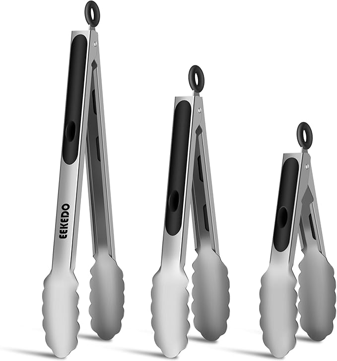 Metal Tongs for Cooking, Heat Resistant 600 Degrees Stainless Steel Kitchen Tongs with Silicone Handle, Locking Tongs for BBQ, Grilling, Serving, Salad, Dishwasher, Set of 3(7", 9" and 12")