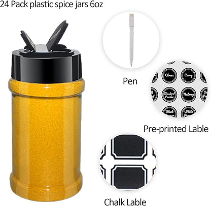 24 Pack 6oz Clear Plastic Spice Jars With Black Lids, Empty Round Spice Bottles, Plastic Seasoning Containers with Chalk Labels, Pen, Spice Containers For Kitchen Cabinet