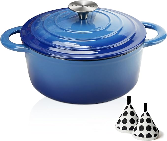 5QT Cast Iron Dutch Oven with Lid, Heavy-Duty Enameled Soup Pot with Dual Handles and Oven Safe for Bread Baking, Braising, Cooking and Family Gifts, Blue