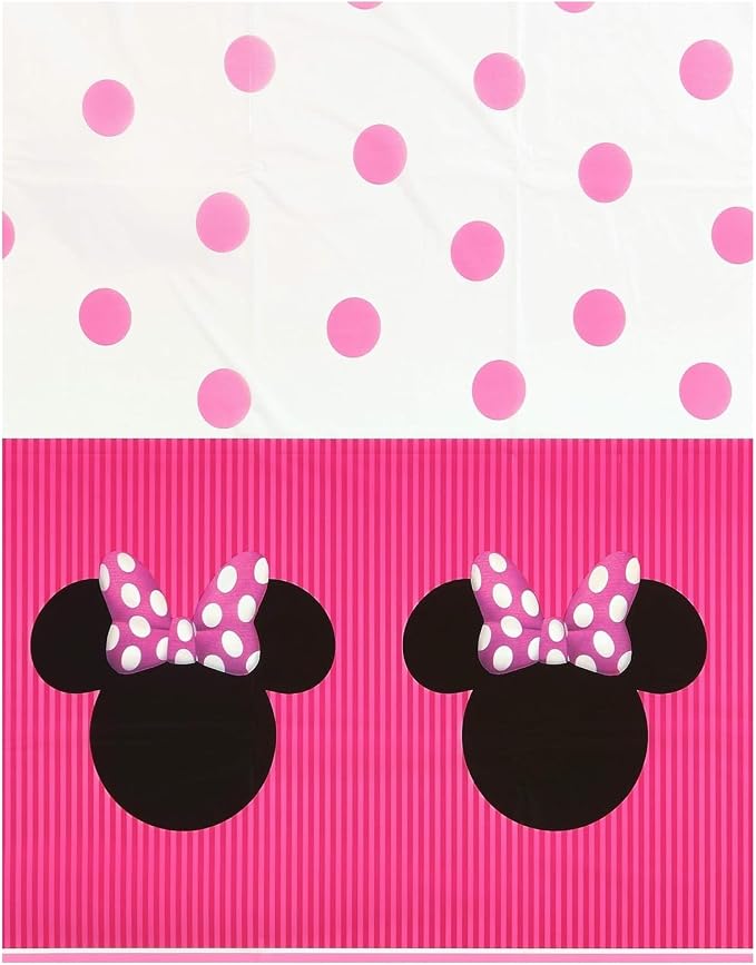 Unique Disney Minnie Mouse Birthday Party Supplies Bundle includes 16 Large Shaped Minnie Head Party Paper Plates 9 3/4" and 1 Plastic Table Cover 54" x 84"