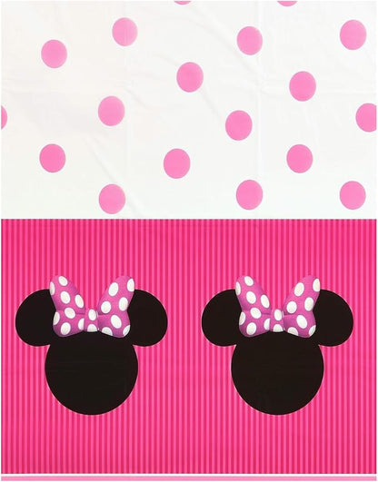 Unique Disney Minnie Mouse Birthday Party Supplies Bundle includes 16 Large Shaped Minnie Head Party Paper Plates 9 3/4" and 1 Plastic Table Cover 54" x 84"