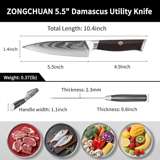 Utility Knife,5.5inch Damascus knife,67-Layer High Carbon Stainless Steel Kitchen Knife,Professiona Sharp Cutting Knives with Ergonomic Red G10 Handle,Gift Box for Home and Kitchen Birthday Gift
